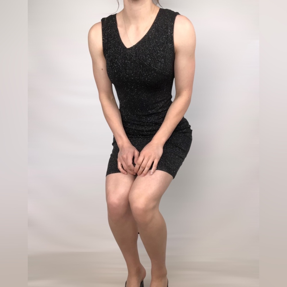 Alice and Olivia Annabelle Sparkle Ruched V Neck Mini Dress Black Silver Size S